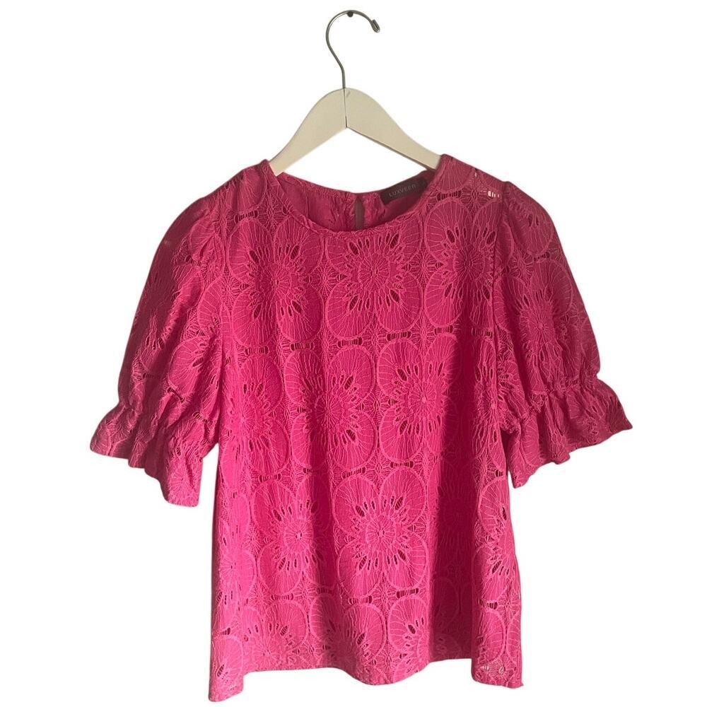 Luxveer Pink Eyelet Floral Blouse Office Work Shirt size Large Ruffle Sleeves